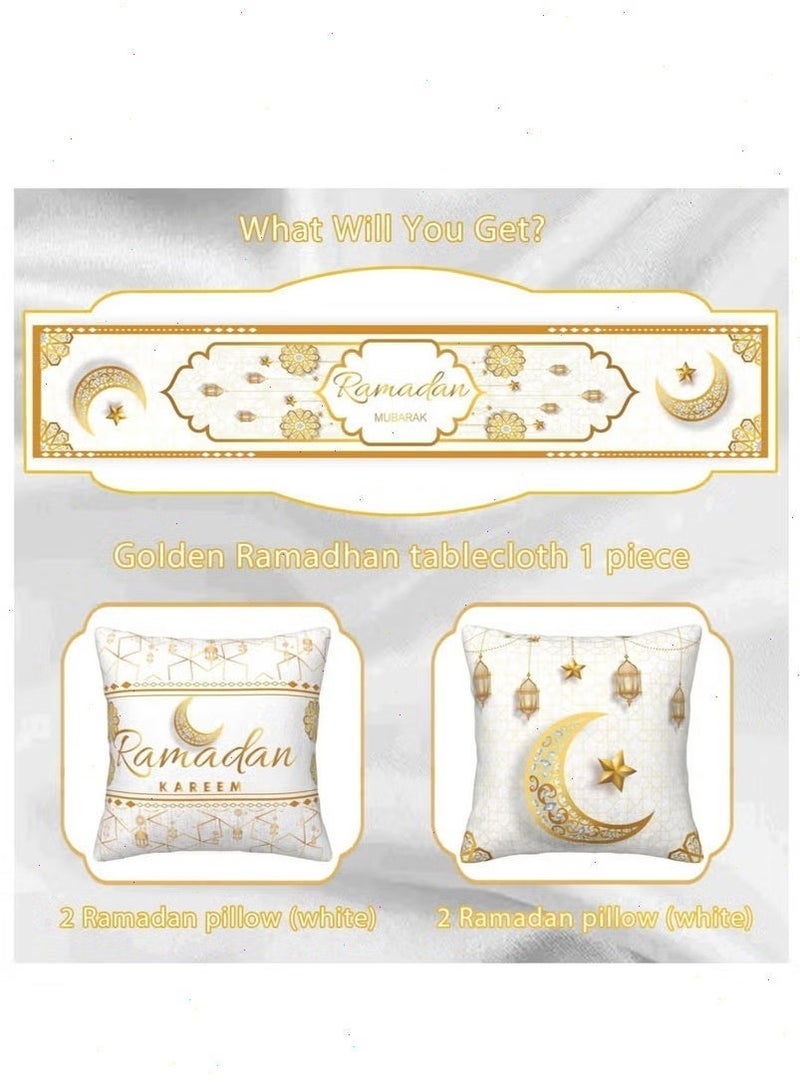 مجموعة زينة رمضان مكونة من 5 قطع: 1 مفرش طاولة رمضان + 4 أغطية وسائد - مثالية لاجتماعات الإفطار والسحور، ديكور منزلي بمناسبة عيد مبارك - Image 5